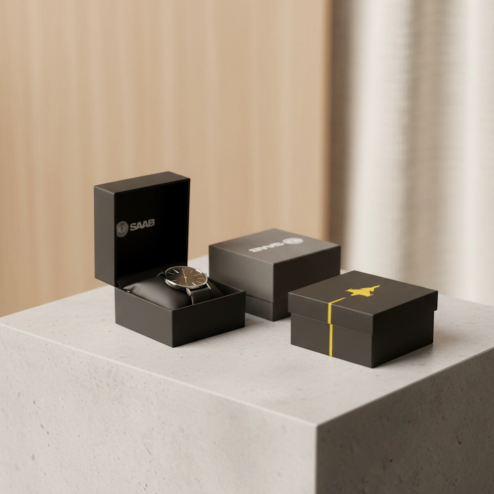 Tre presentaskar med Saab-märkning, varav en är öppen och visar ett mörkt armbandsur inuti, med Saab-logotypen och gulddetaljer.
